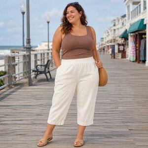 Old Navy Linen Blend White Capri Pants XXL Coastal Grandma Plus Elastic Waist